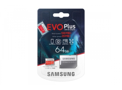 64GB Карта памяти MicroSDXC Samsung EVO Plus U1 UHS-I U3 + SD Adapter (R100/W20Mb/s) (MB-MC64HA/RU) 
